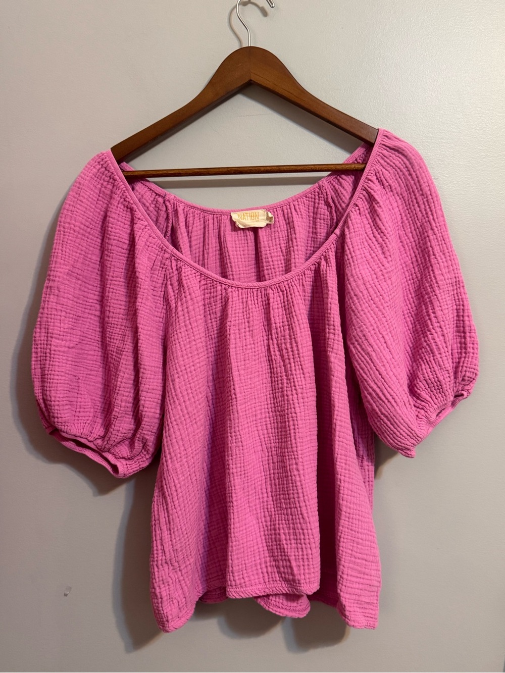 Nation LTD Pink Cotton Gauze Puff Sleeve Peasant Blouse Made in USA L